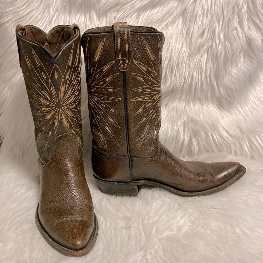 SOLD ❌Vintage ACME - Cowboy Boots Brown Leather w Gold Design Narrow Cowgirl - Picture 1 of 13
